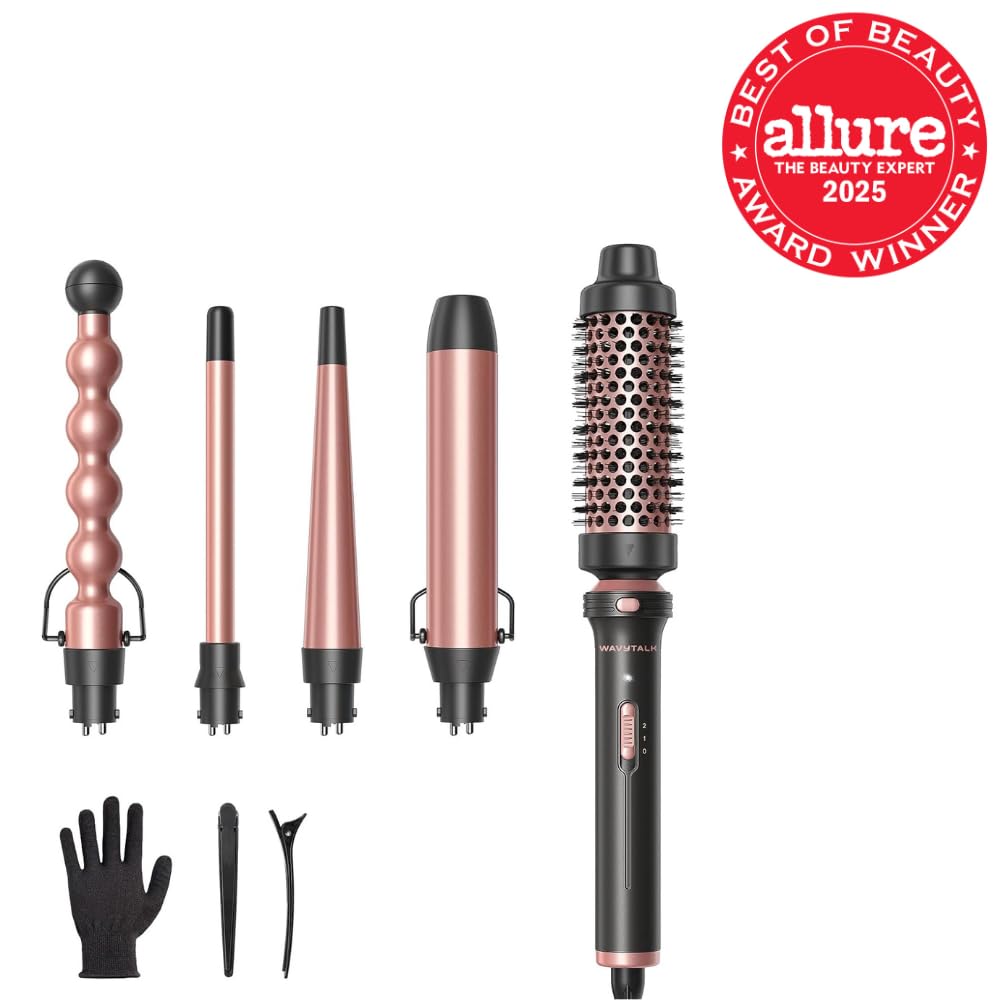 5 in 1 Curling Wand Set, Multi Curl, Curling Wand Set with Thermal Brush and 4 Interchangeable Ceramic Curling Wand(0.5”-1.25”), Instant Heat up Wand Curling Iron (Rose Gold)