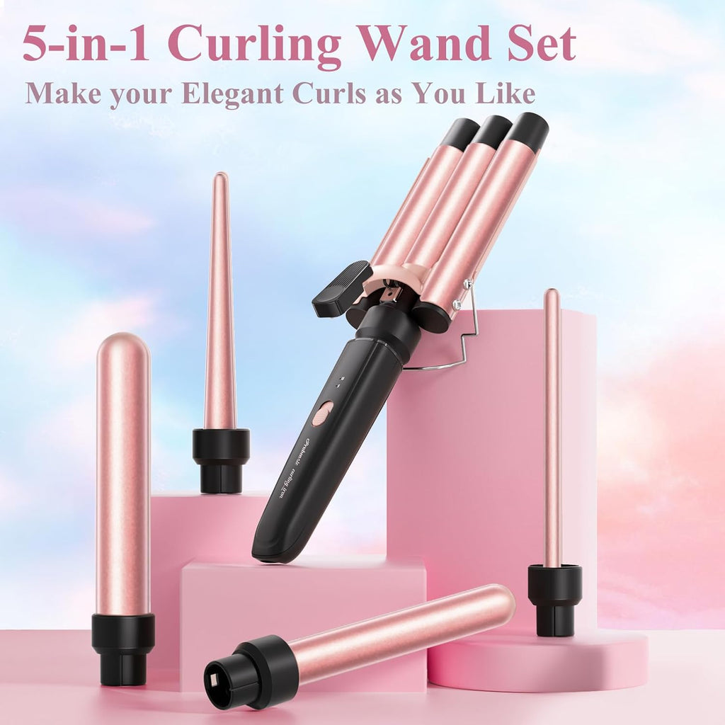 5 in 1 Curling Iron, Curling Wand Set with 3 Barrel Crimper Hair and 4 Interchangeable Ceramic Curling Wand(0.35”-1.25”), Fast Heating Hair Curler, Include Glove & Clips-Pink