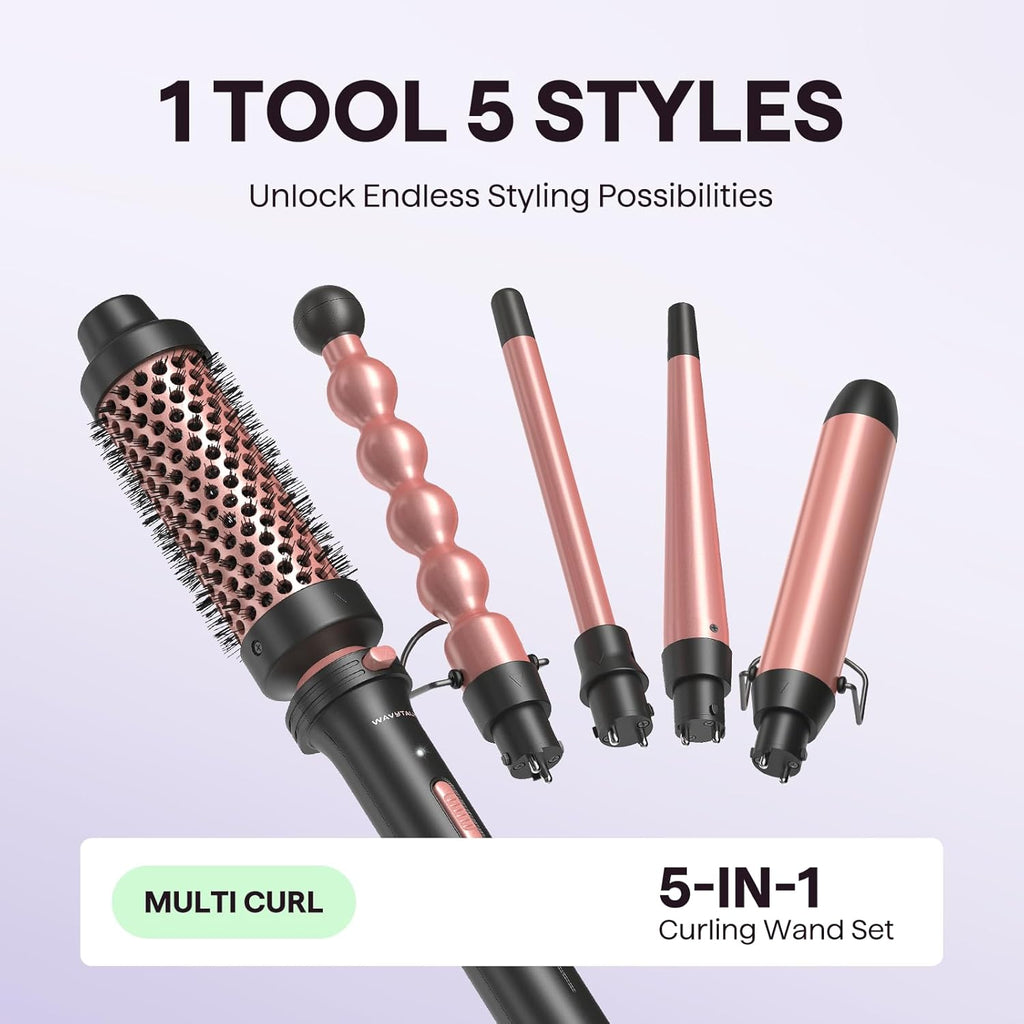 5 in 1 Curling Wand Set, Multi Curl, Curling Wand Set with Thermal Brush and 4 Interchangeable Ceramic Curling Wand(0.5”-1.25”), Instant Heat up Wand Curling Iron (Rose Gold)