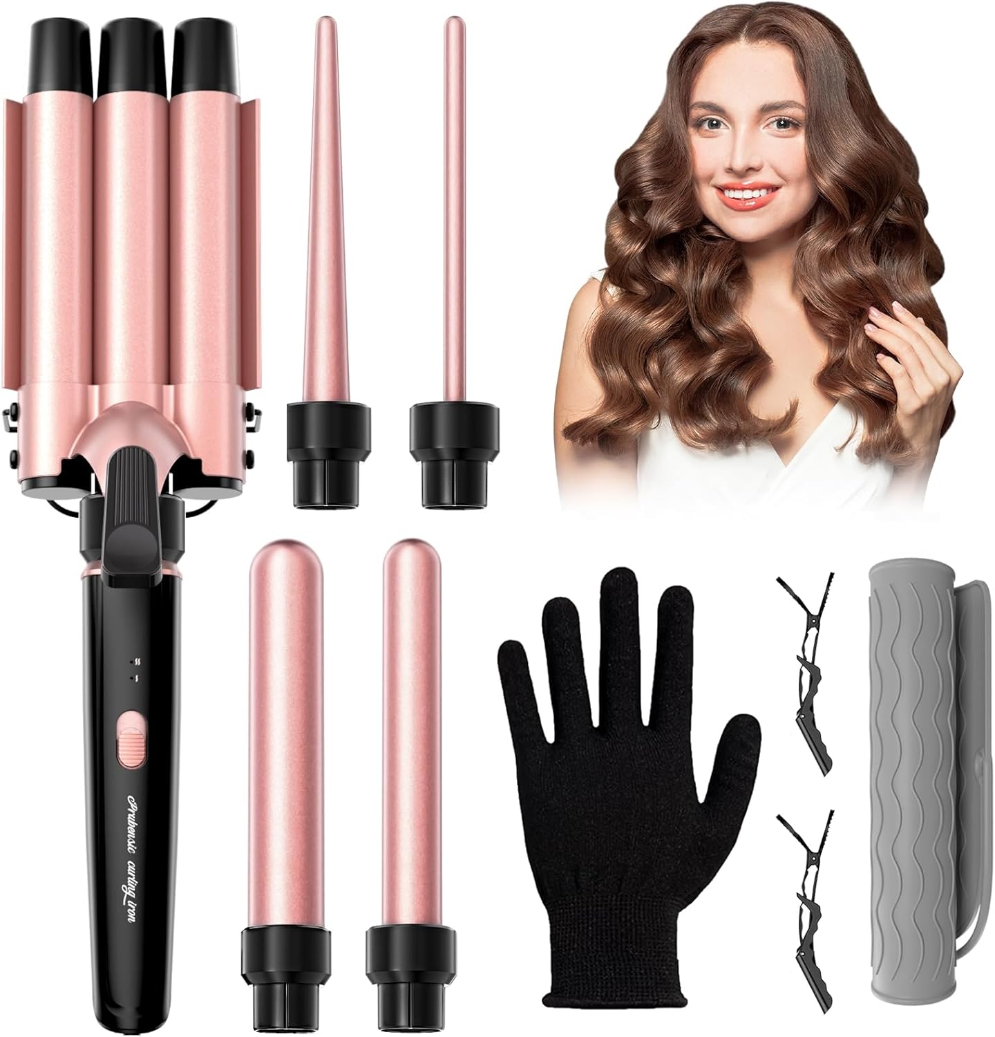 5 in 1 Curling Iron, Curling Wand Set with 3 Barrel Crimper Hair and 4 Interchangeable Ceramic Curling Wand(0.35”-1.25”), Fast Heating Hair Curler, Include Glove & Clips-Pink