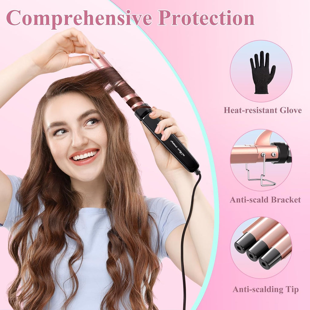 5 in 1 Curling Iron, Curling Wand Set with 3 Barrel Crimper Hair and 4 Interchangeable Ceramic Curling Wand(0.35”-1.25”), Fast Heating Hair Curler, Include Glove & Clips-Pink