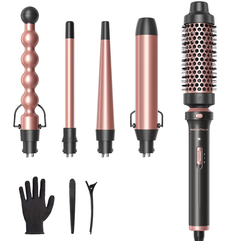 5 in 1 Curling Wand Set, Multi Curl, Curling Wand Set with Thermal Brush and 4 Interchangeable Ceramic Curling Wand(0.5”-1.25”), Instant Heat up Wand Curling Iron (Rose Gold)