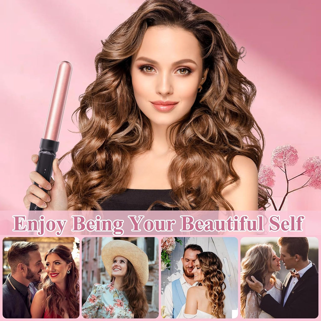 5 in 1 Curling Iron, Curling Wand Set with 3 Barrel Crimper Hair and 4 Interchangeable Ceramic Curling Wand(0.35”-1.25”), Fast Heating Hair Curler, Include Glove & Clips-Pink