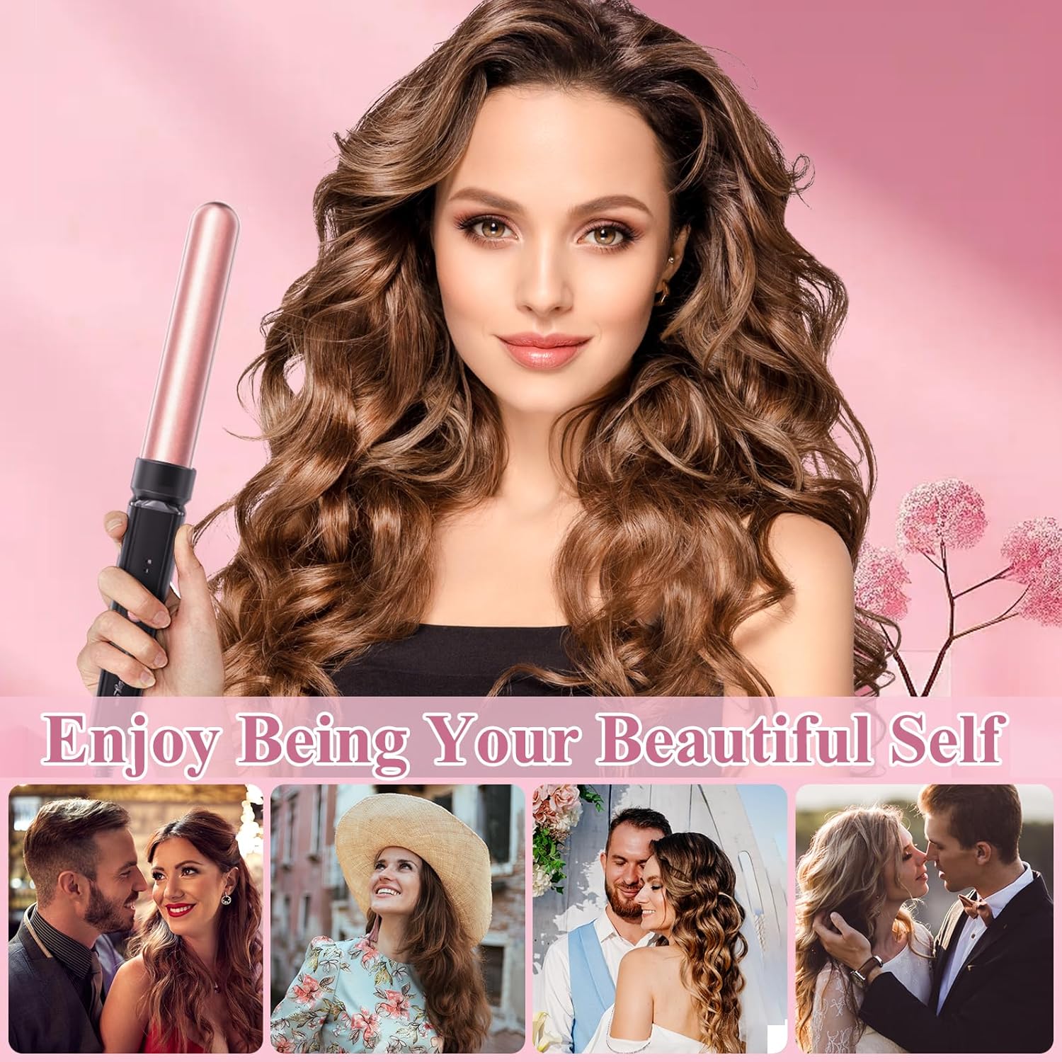 5 in 1 Curling Iron, Curling Wand Set with 3 Barrel Crimper Hair and 4 Interchangeable Ceramic Curling Wand(0.35”-1.25”), Fast Heating Hair Curler, Include Glove & Clips-Pink