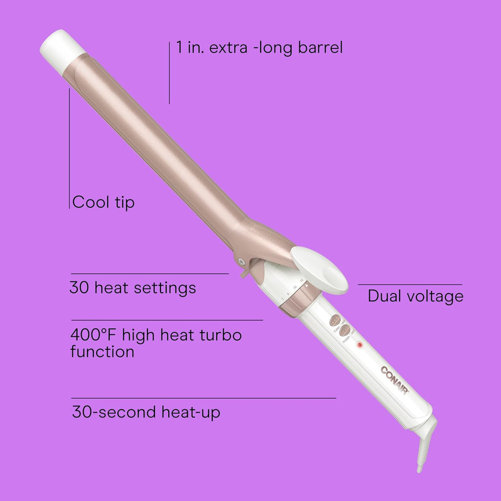 Double Ceramic Long Barrel 1-Inch Curling Iron, Extra-Long Barrel Creates Classic Curls to Loose Waves, Hair Curler for Use on Most Hair Lengths, White/Rose Gold