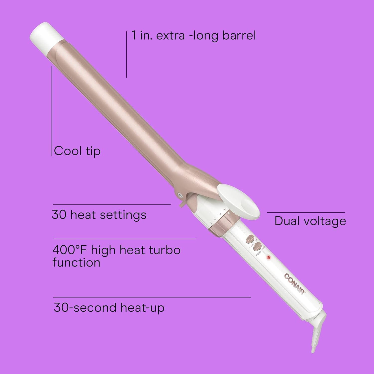 Double Ceramic Long Barrel 1-Inch Curling Iron, Extra-Long Barrel Creates Classic Curls to Loose Waves, Hair Curler for Use on Most Hair Lengths, White/Rose Gold